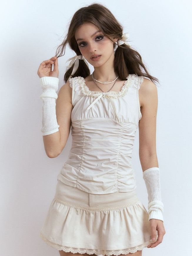 Lace Pleated Slim-fit Sleeveless Top