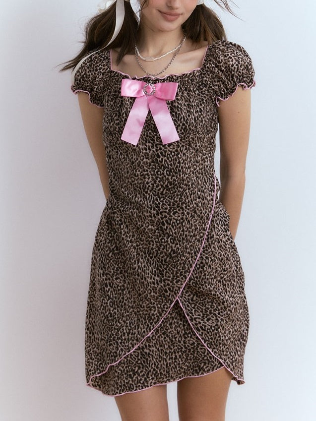 Bow Puff Sleeve Leopard Print Dress