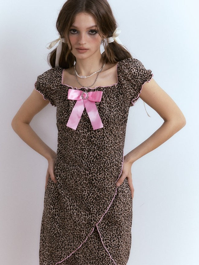 BOW PUFF SLEEVE Leopard Print Dress