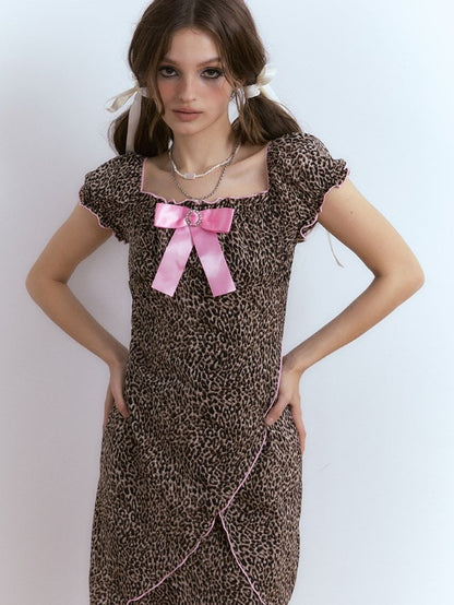 Bogenpuffärmel Leopardendruckkleid