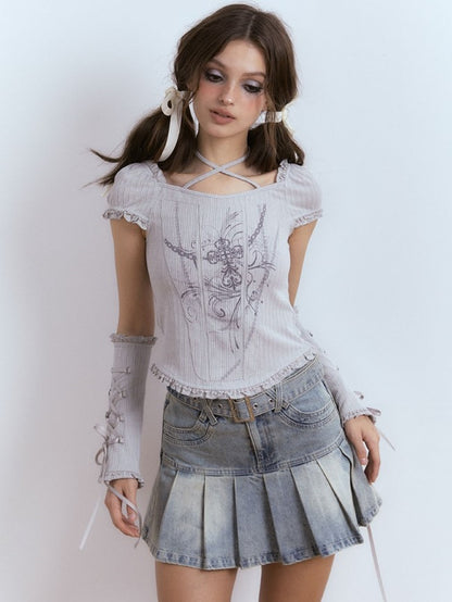 Hanging Neck Strap Lace Short-Sleeed T-Shirt with Sleepes