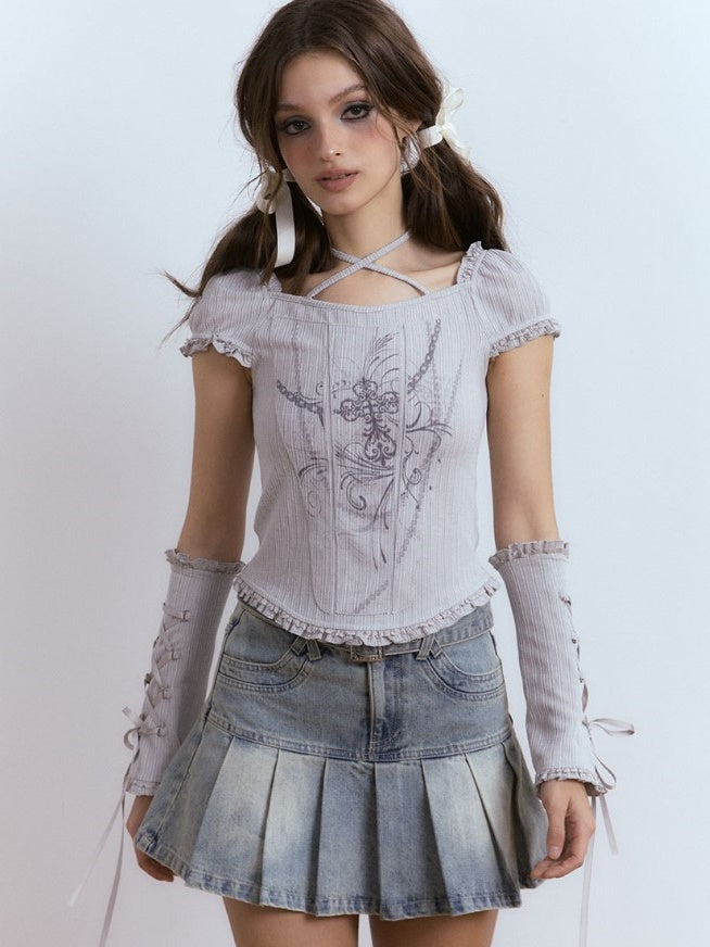 Hanging Neck Strap Lace Short-Sleeed T-Shirt with Sleepes