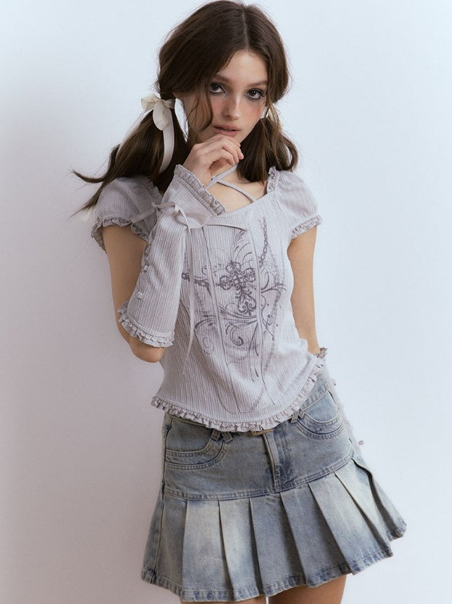 Hanging Neck Strap Lace Short-Sleeed T-Shirt with Sleepes