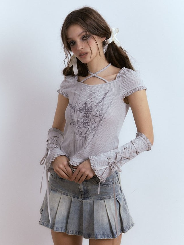 Hanging Neck Strap Lace Short-Sleeed T-Shirt with Sleepes