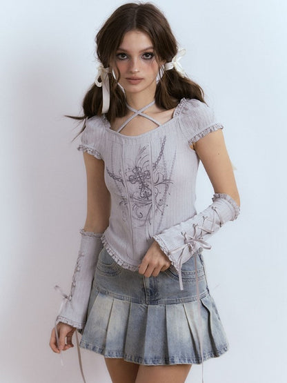 Hanging Neck Strap Lace Short-Sleeed T-Shirt with Sleepes