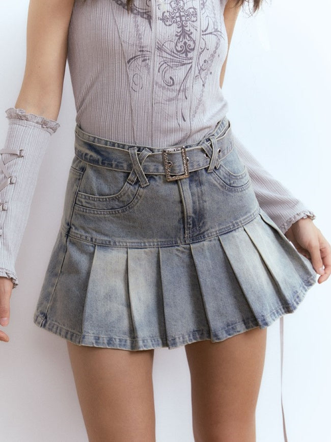 Old Washed Denim Pleated Skirt