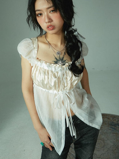 Retro Satin Stitching Tulle Shirt