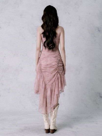 Rose Asymmetrical Wrinkled Suspender Dress