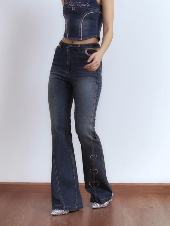 Embroidered Denim Micro Flared Trousers &amp; Strap Vest