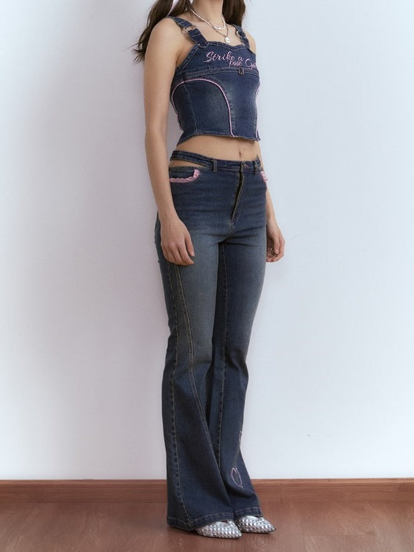 Embroidered Denim Micro Flared Trousers &amp; Strap Vest