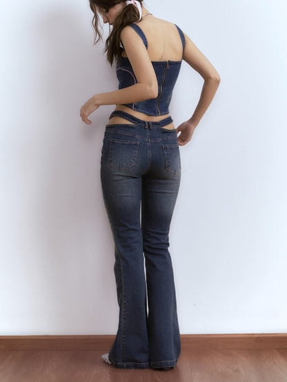 Embroidered Denim Micro Flared Trousers &amp; Strap Vest