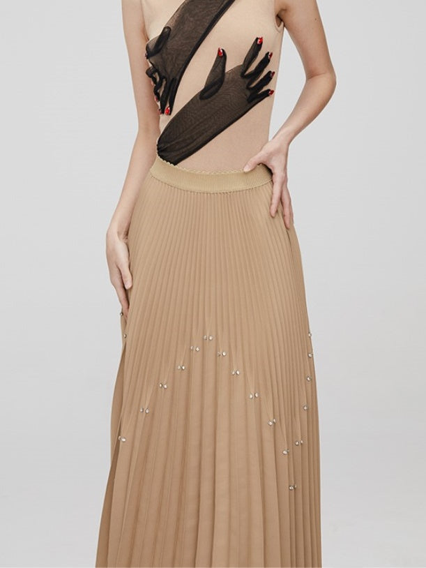 Rhinestone Long Pleated Skirt