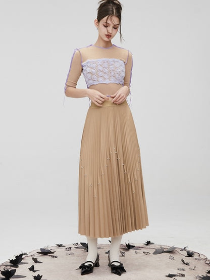 Rhinestone Long Pleated Skirt