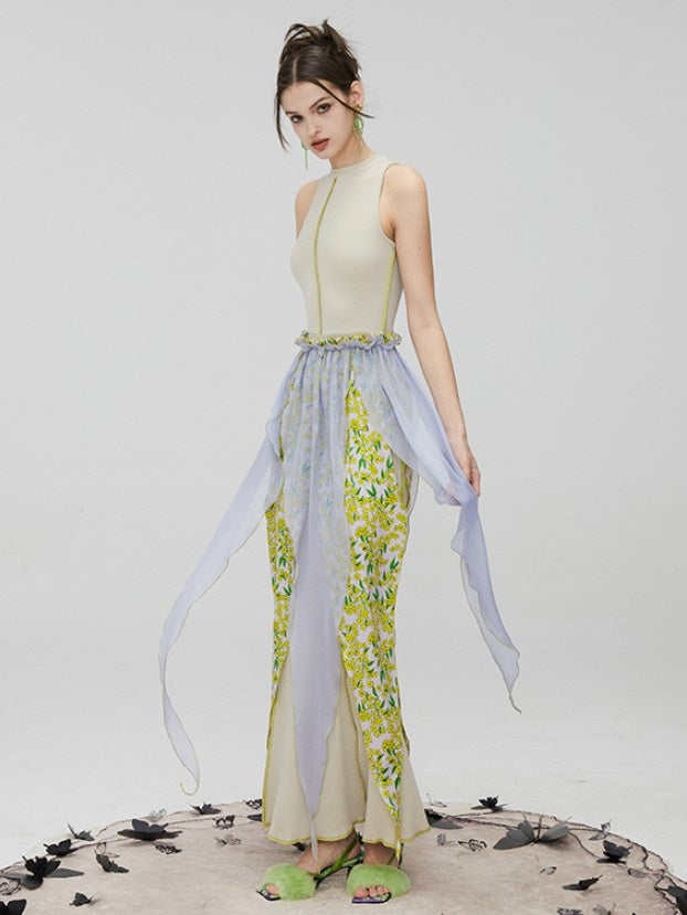 Floral Two-piece Slim Sleeveless Long Dress