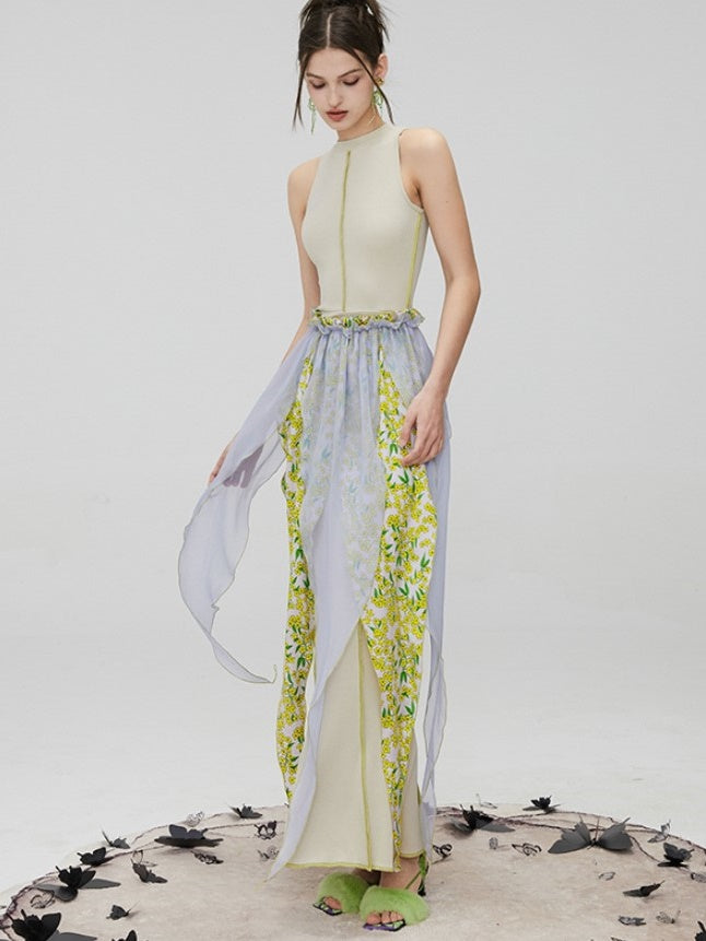 Floral Two-piece Slim Sleeveless Long Dress