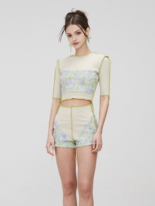 Flower Stitching Short Sleeve Top &amp; High Waist Shorts