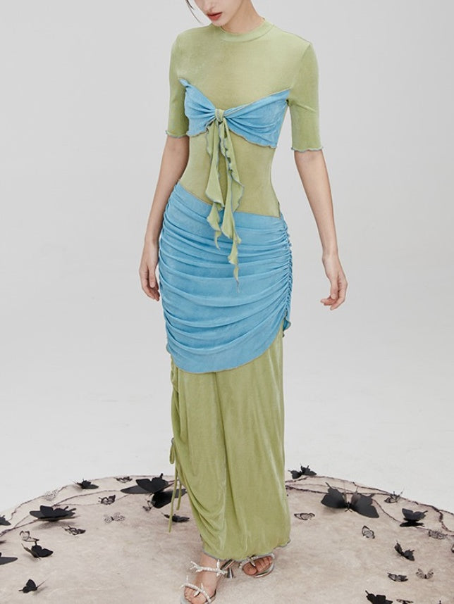 Drape Three-dimensional Drawstring Long Slim Dress