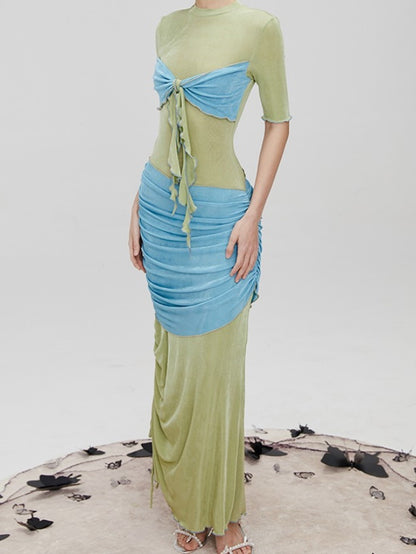 Drape Three-dimensional Drawstring Long Slim Dress