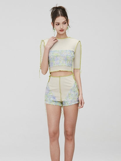 Flower Stitching Short Sleeve Top &amp; High Waist Shorts