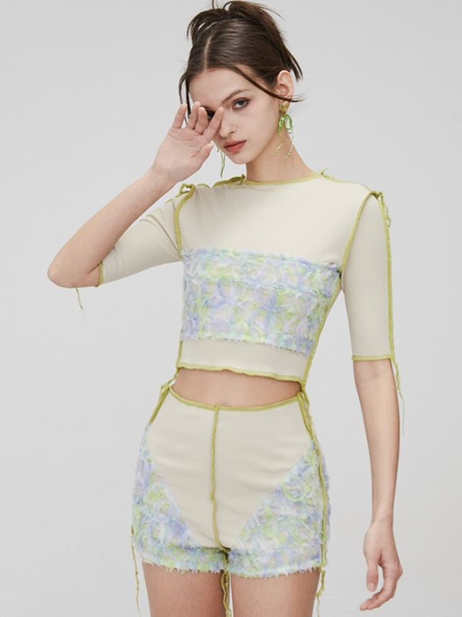 Flower Stitching Short Sleeve Top &amp; High Waist Shorts