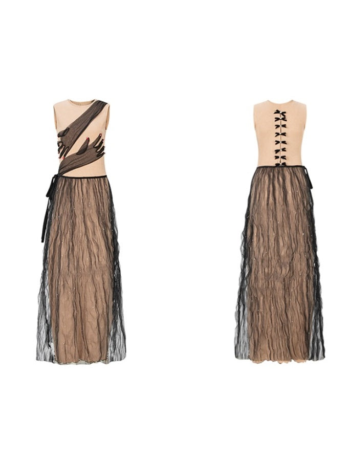 Removable Mesh Skirt Slim Long Dress