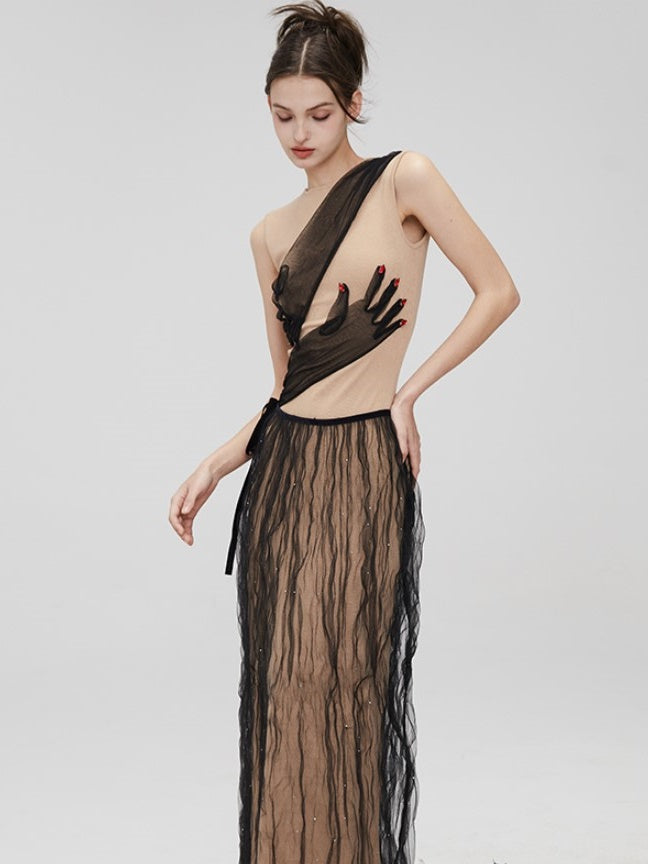 Removable Mesh Skirt Slim Long Dress