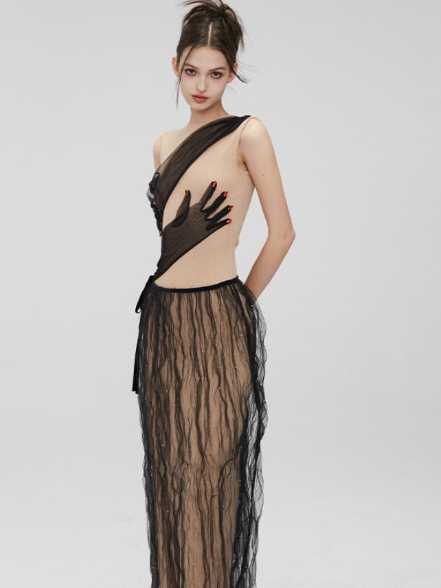 Removable Mesh Skirt Slim Long Dress