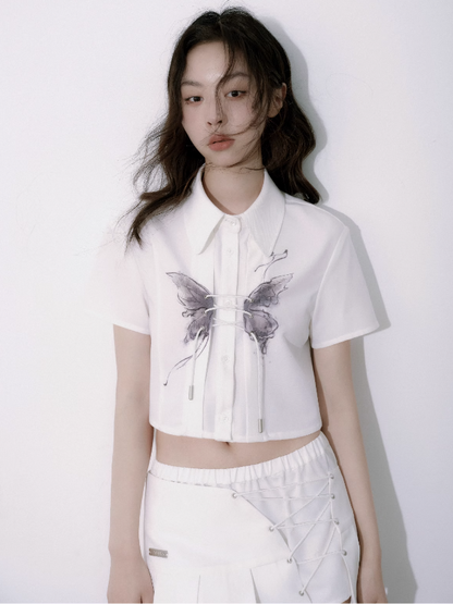 Butterfly Print Cross Tie Short-sleeved Shirt