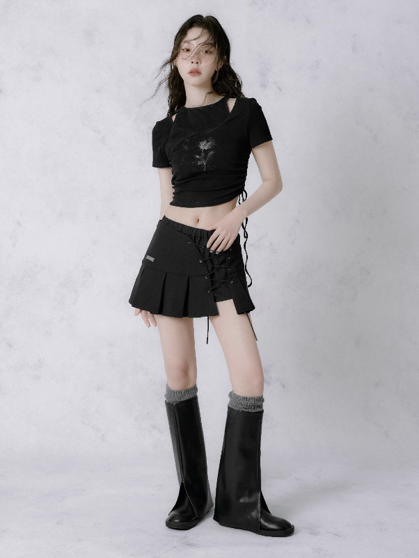 Asymmetrical Drawstring Hollow Short-sleeved T-shirt