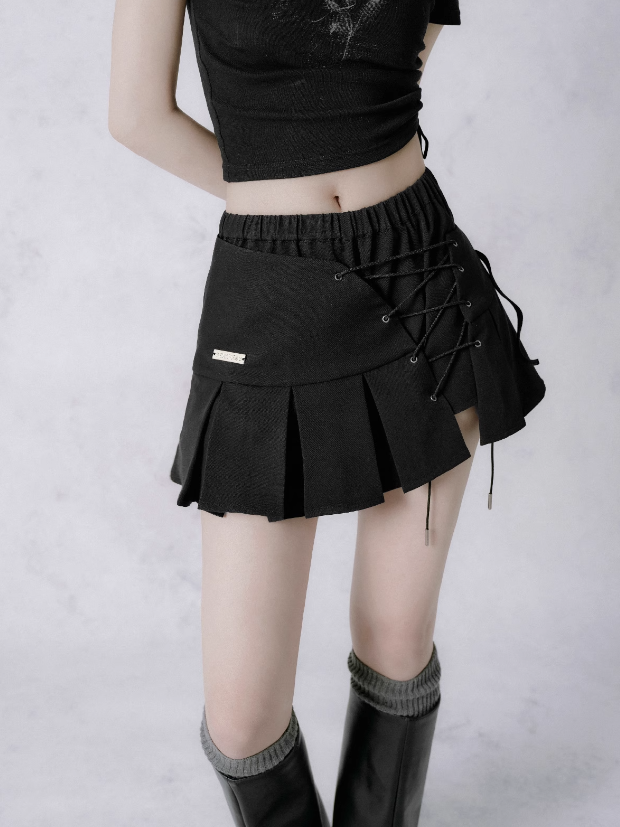 Asymmetric Cross Strap A-line Short Pleated Skirt