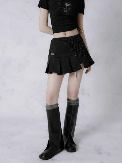 Asymmetric Cross Strap A-line Short Pleated Skirt