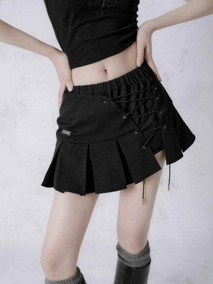 Asymmetric Cross Strap A-line Short Pleated Skirt