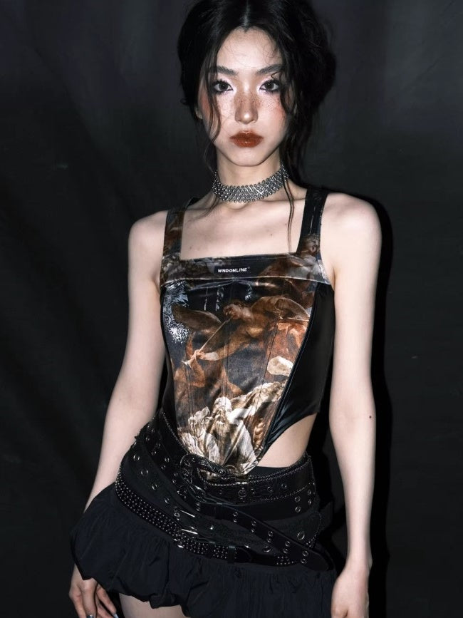 Oil Painting Printing Stitching PU Corset Camisole