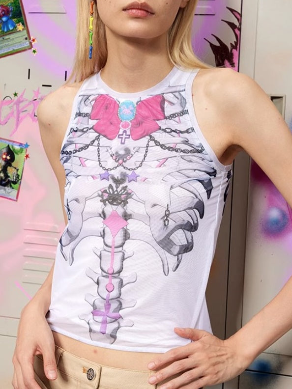 Ribbon Skull Print Mesh Tank Top