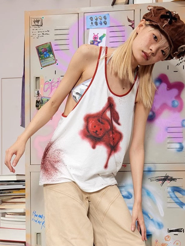 Bear Cherry Print Tank Top