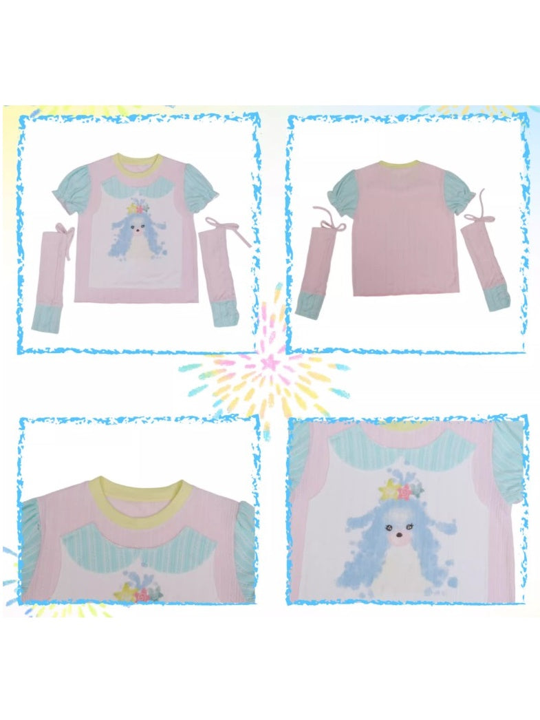 Y2K Hit Color Puppy Print T-shirt Coton et couvercle de bras