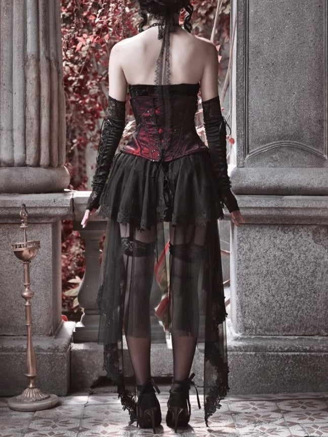 Gothic Velvet Fishbone Corset &amp; Bel Decoration Camisole &amp; Tulle en dentelle en velours jupe