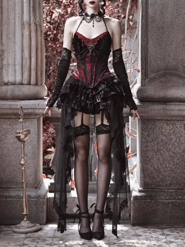 Gothic Velvet Fishbone Corset & Bead Decoration Camisole & Tulle Lace  Velvet Skirt