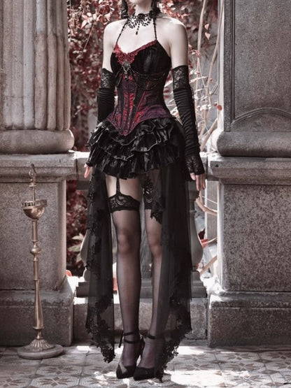 Gothic Velvet Fishbone Corset ＆ Bead Decoration Camisole &amp; Tulle Lace Velvet Skirt