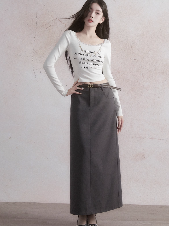 Lace Long-sleeved Lettering T-shirt &amp; Straight Skirt