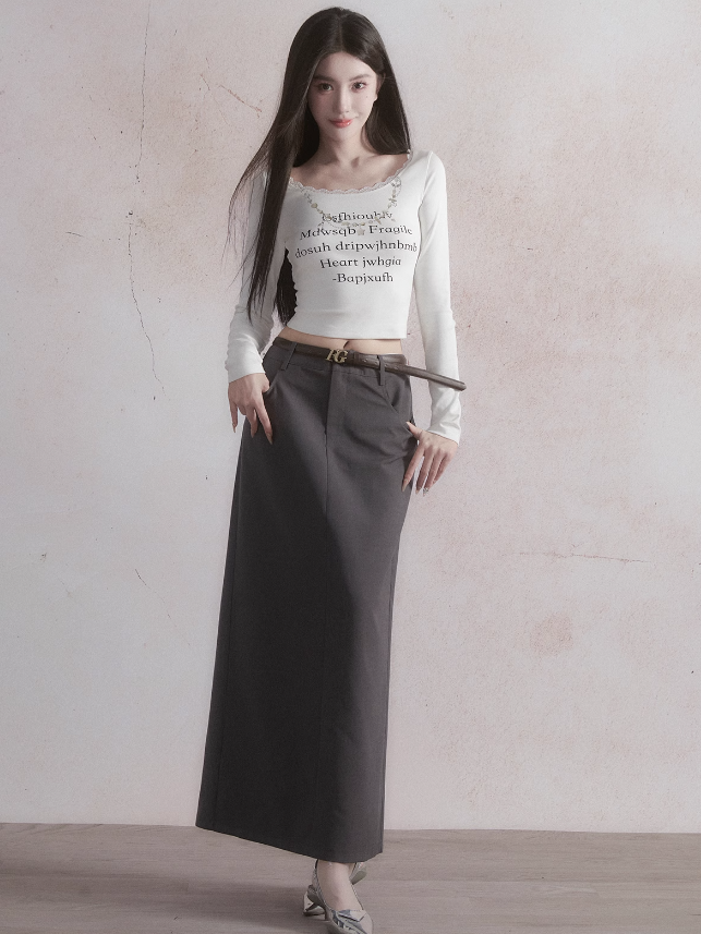 Lace Long-sleeved Lettering T-shirt &amp; Straight Skirt