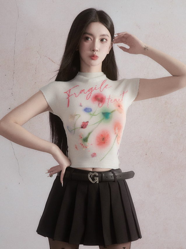 Flower Printed French Sleeve T-shirt