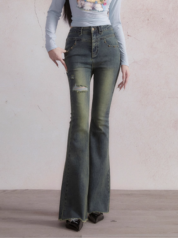 00s archive flare denim damage jeans y2k - デニム