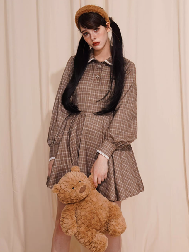 Plaid Polo Collar Lace Retro Doll One-piece