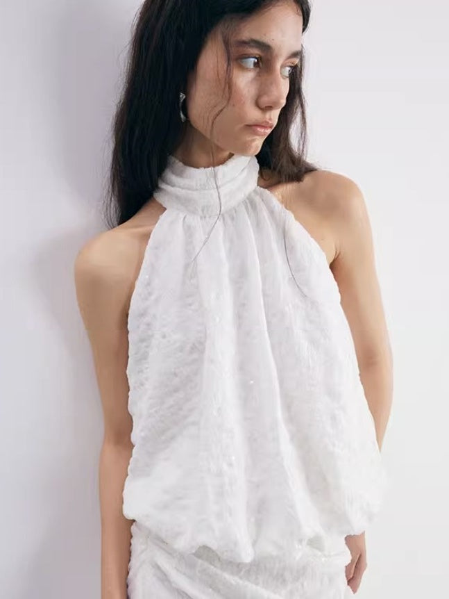 Sequined Textured Shaved Shoulder Bud Top