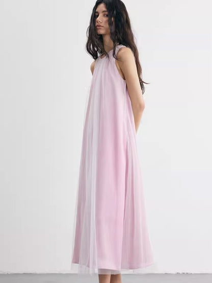 Gradation Ruched Mesh Panel Sleeveless Dress