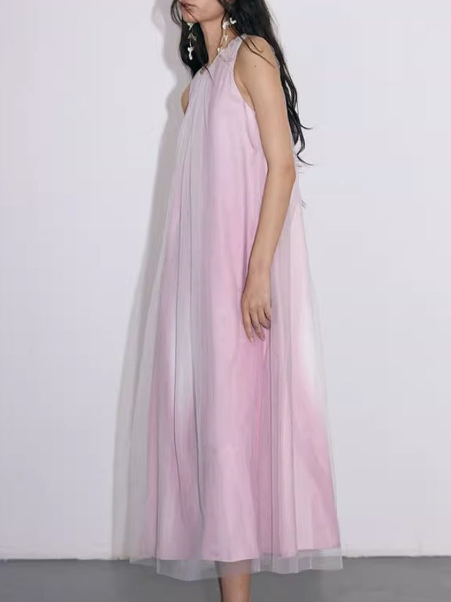 Gradation Ruched Mesh Panel Sleeveless Dress