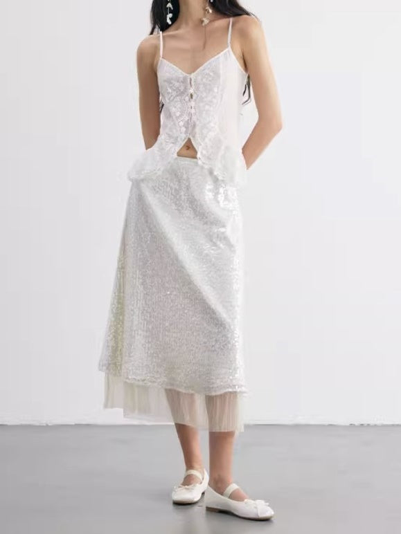 Shimmer Sequins Layered Hem A-Line Wavy Skirt