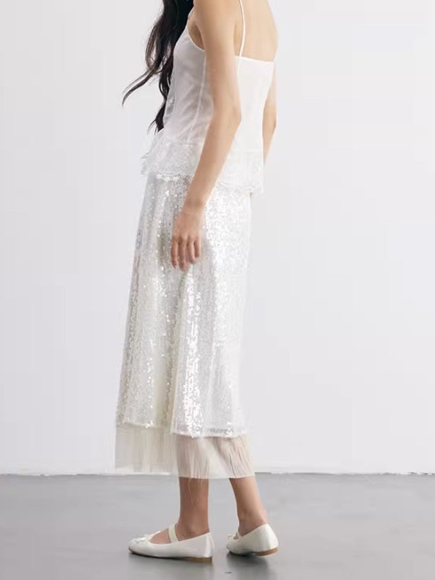 Shimmer Sequins Layered Hem A-Line Wavy Skirt