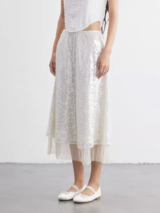 Shimmer Sequins Layered Hem A-Line Wavy Skirt